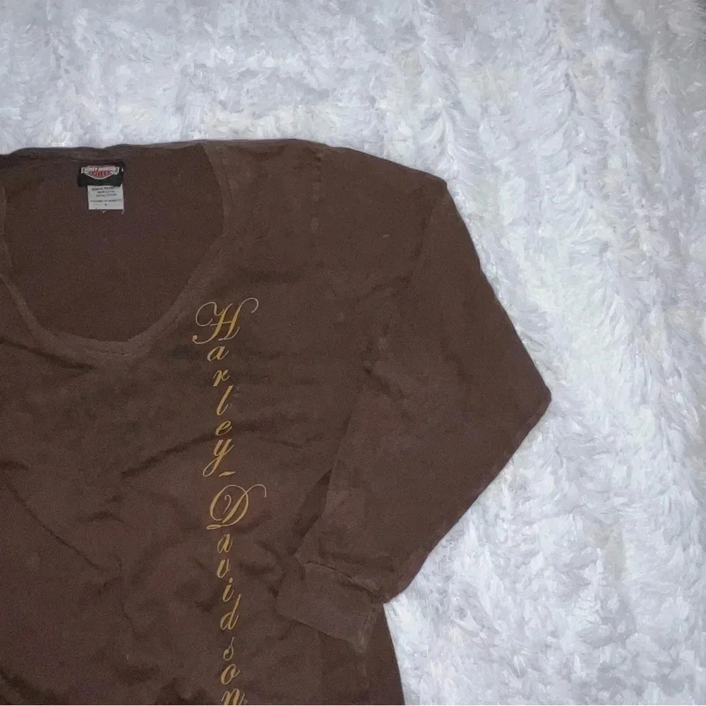 Harley Davidson Brown Long Sleeve Shirt size Large Y2K V Neck 2000’s Biker